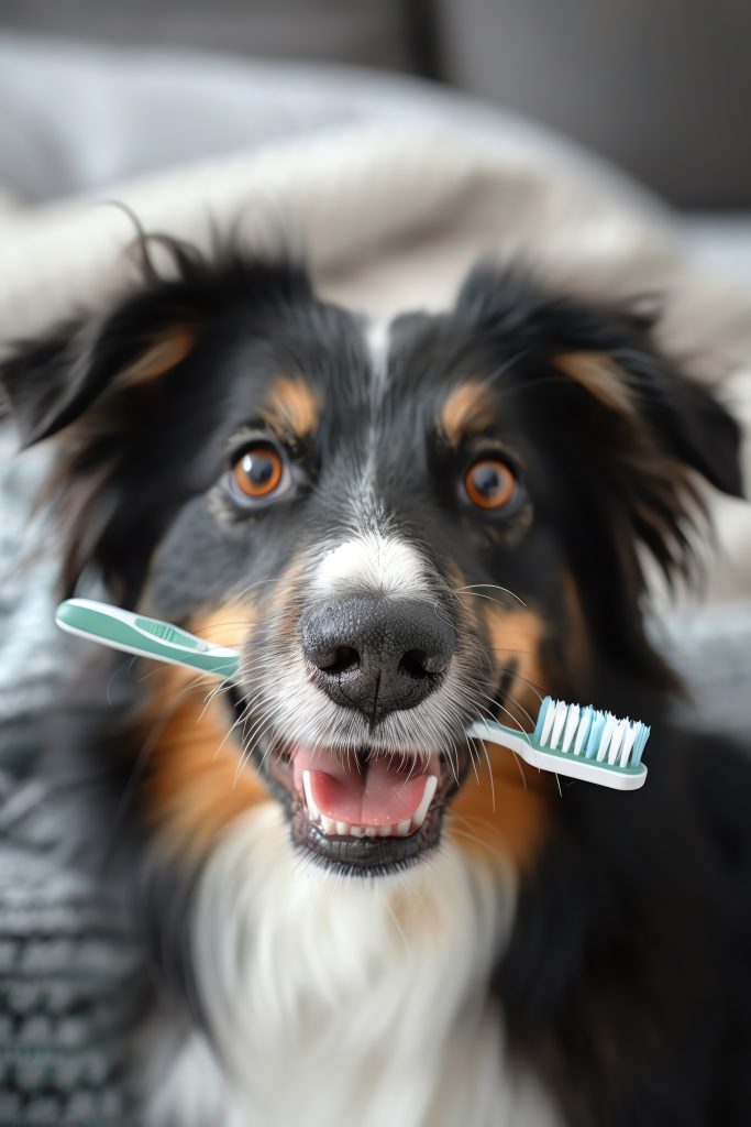 Dog holding a toothbrush in its mouth, closeup,