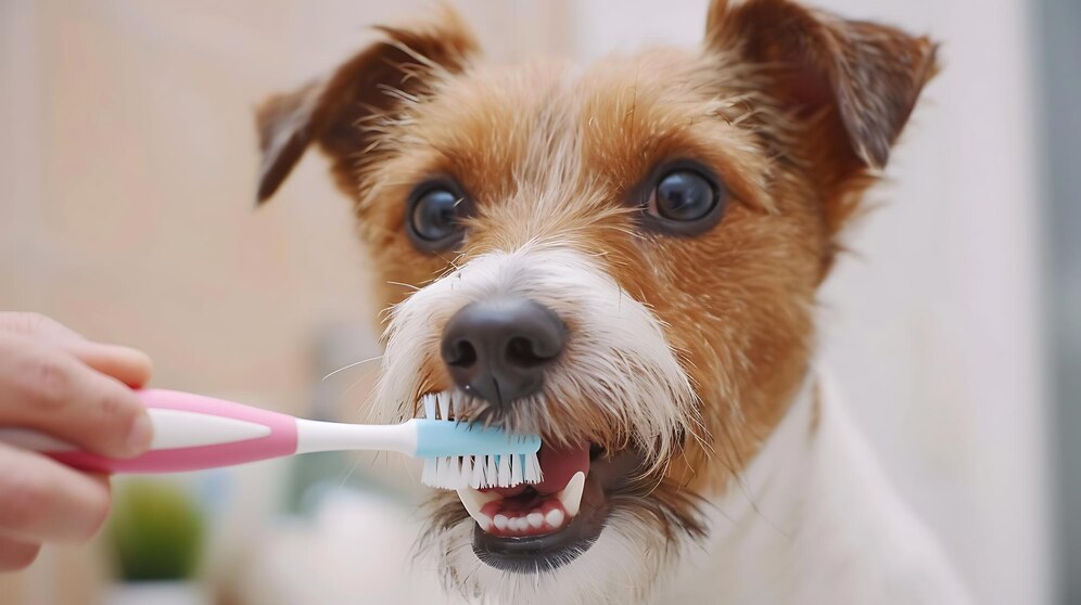 Dog brushing teeth